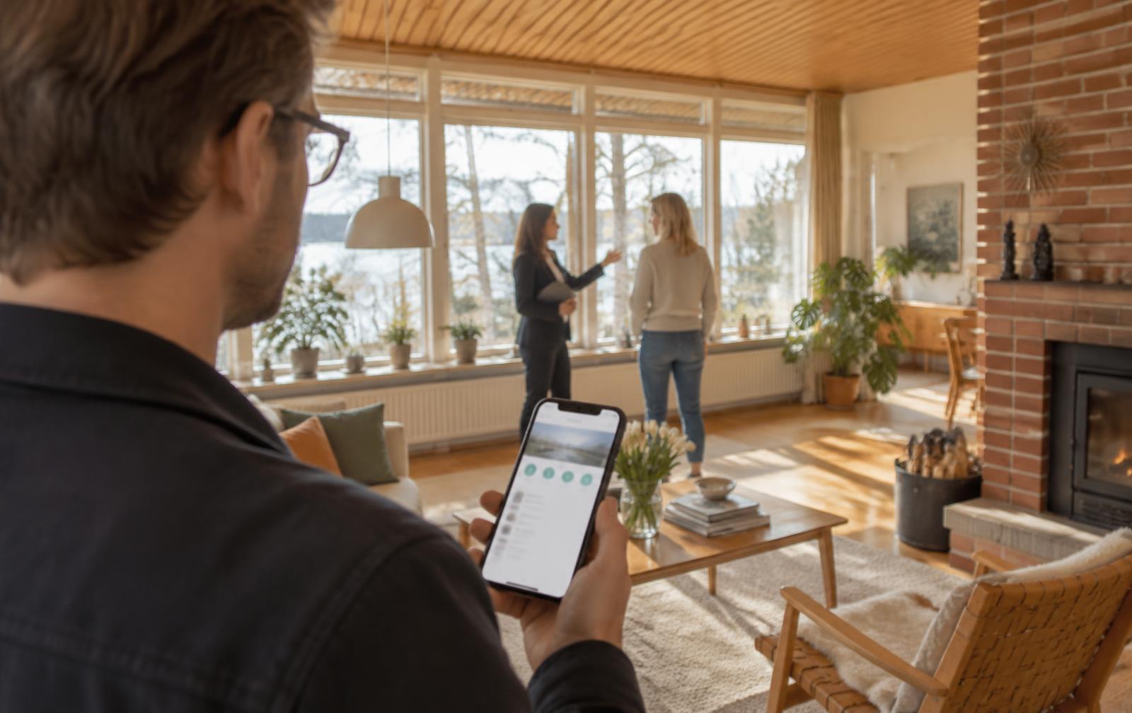 En husköpare håller mobilen med BoBetyg under en visning