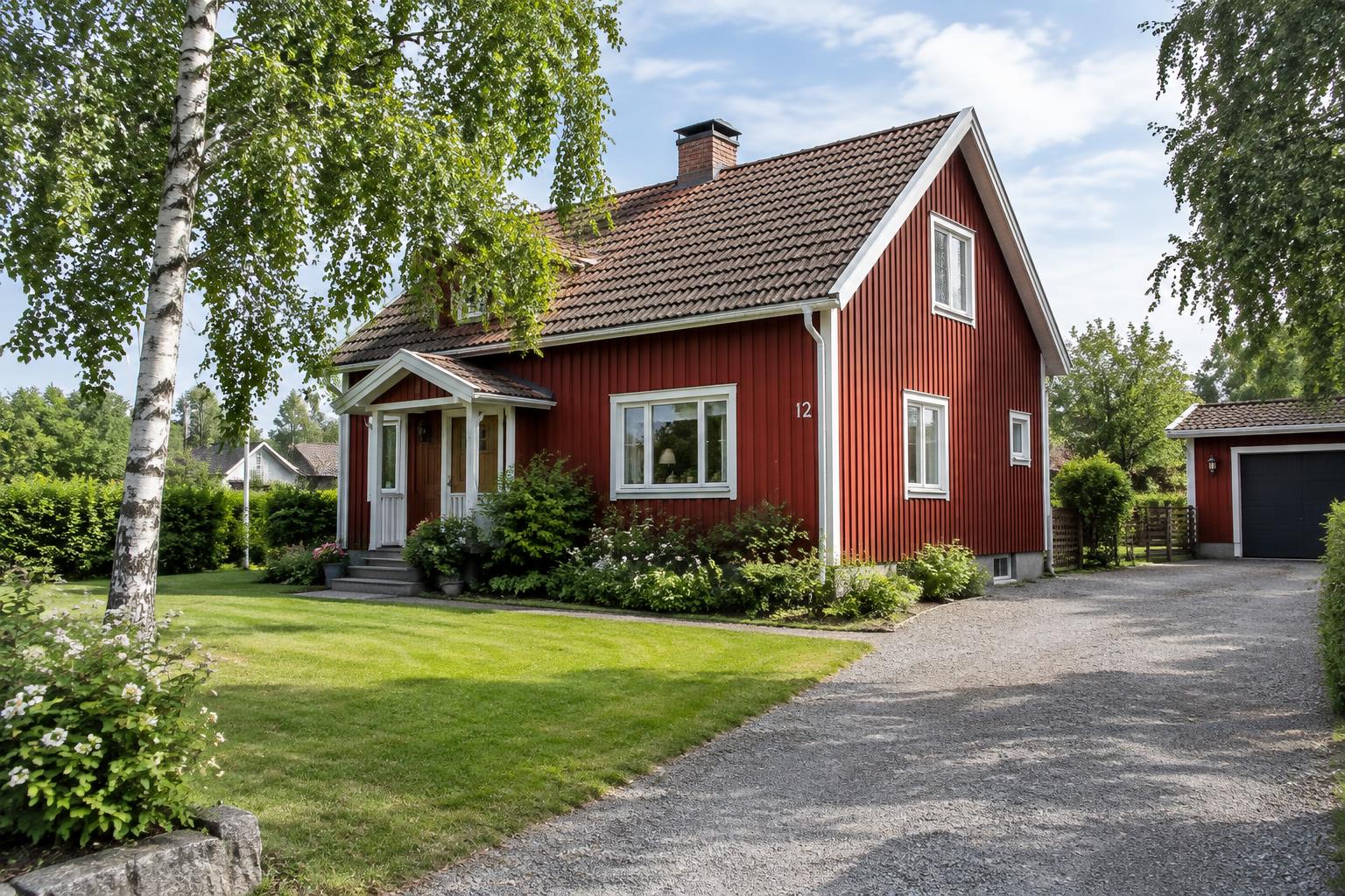 Rött trähus med vita knutar